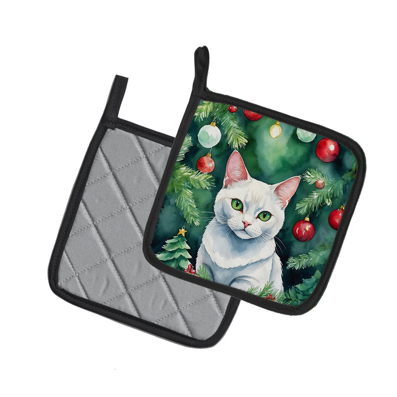 Khao Manee Cat By the Christmas Tree Pair of Pot Holders