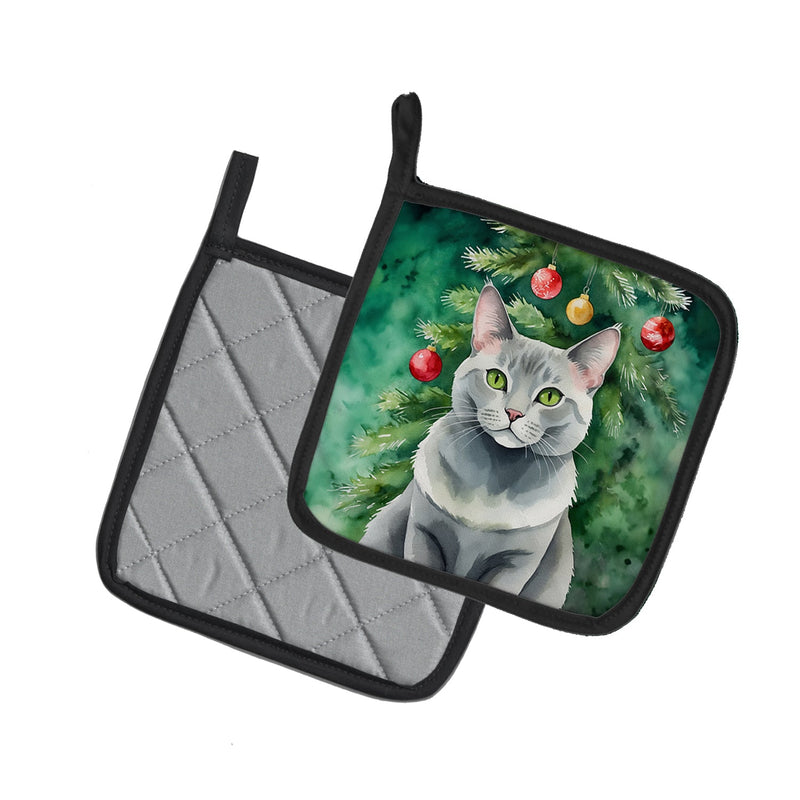 Korat Cat By the Christmas Tree Pair of Pot Holders