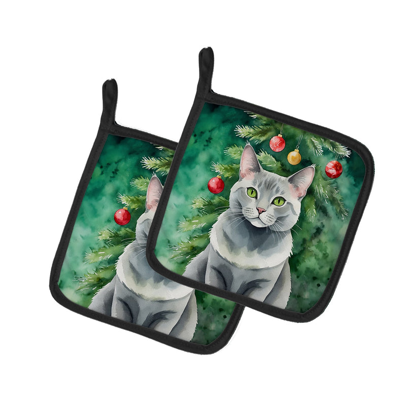 Korat Cat By the Christmas Tree Pair of Pot Holders