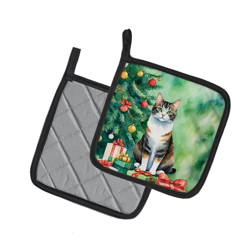 Manx Cat By the Christmas Tree Pair of Pot Holders