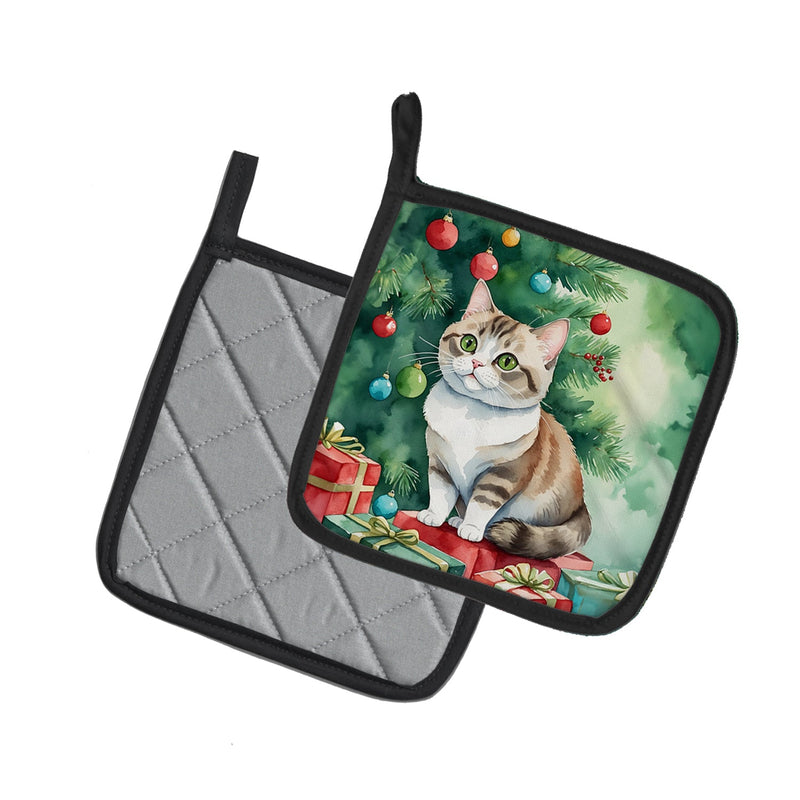 Munchkin Cat By the Christmas Tree Pair of Pot Holders