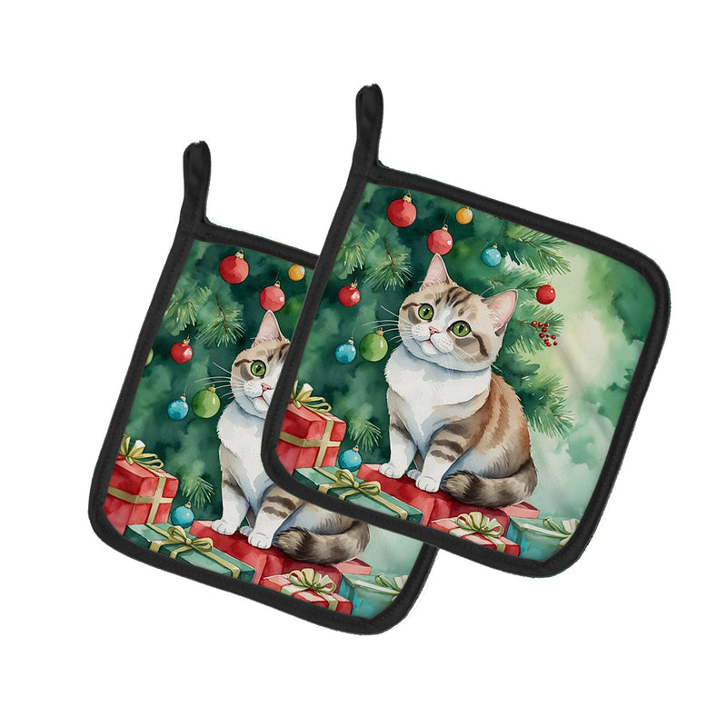 Munchkin Cat By the Christmas Tree Pair of Pot Holders