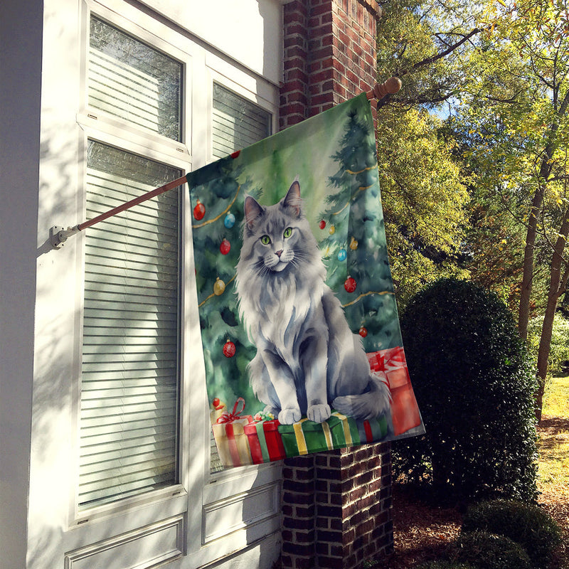 Nebelung Cat By the Christmas Tree House Flag