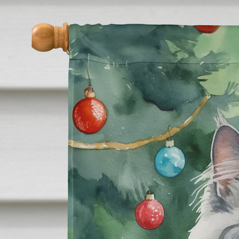 Nebelung Cat By the Christmas Tree House Flag