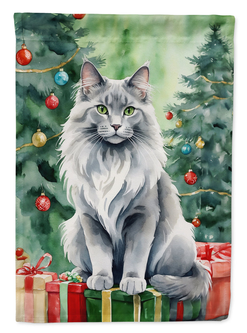 Nebelung Cat By the Christmas Tree House Flag