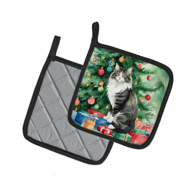 Norwegian Forest Cat By the Christmas Tree Pair of Pot Holders