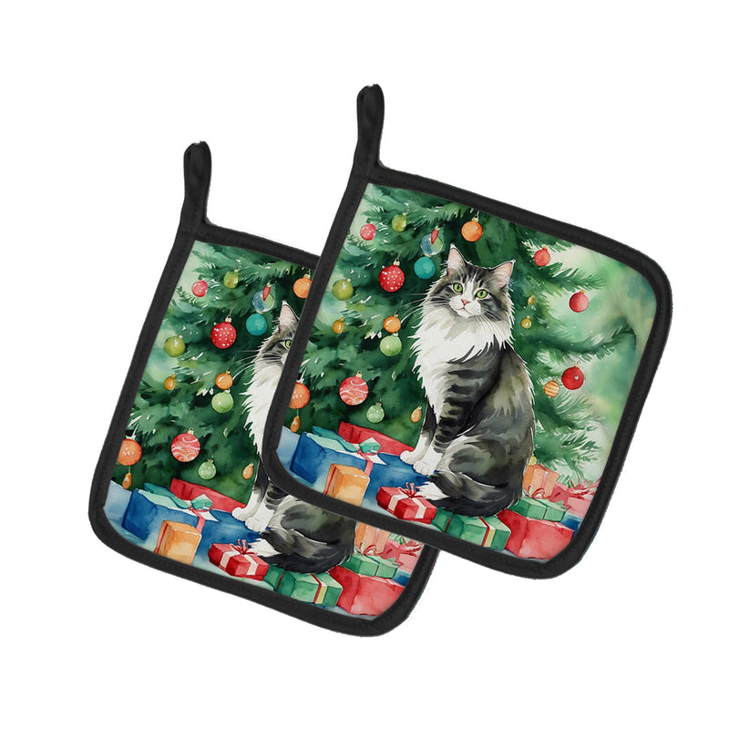 Norwegian Forest Cat By the Christmas Tree Pair of Pot Holders