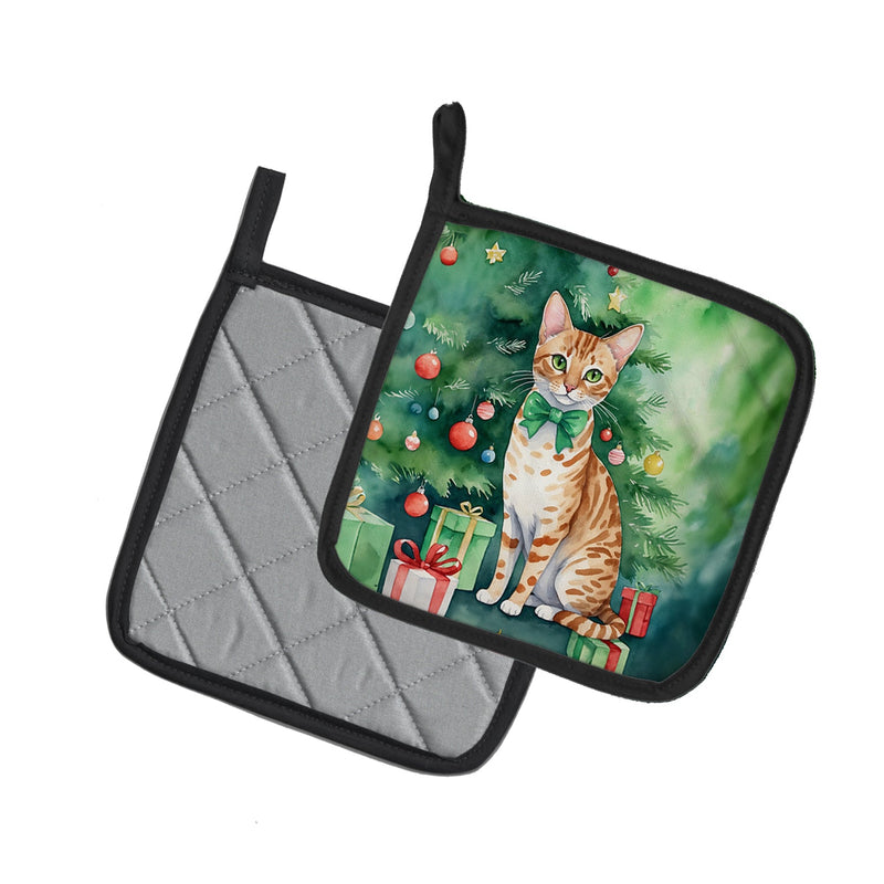 Ocicat Cat By the Christmas Tree Pair of Pot Holders