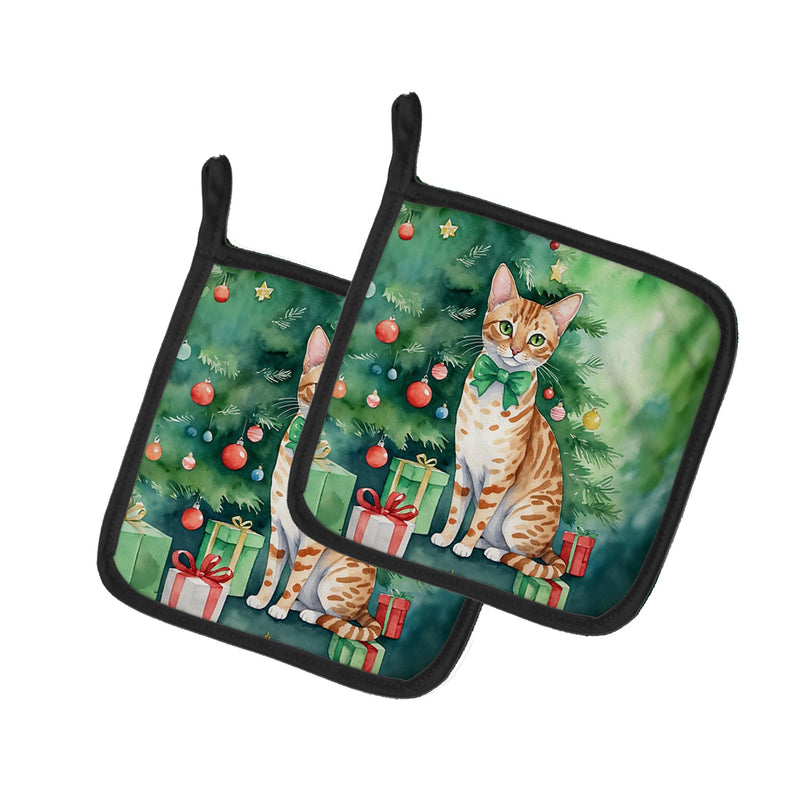 Ocicat Cat By the Christmas Tree Pair of Pot Holders