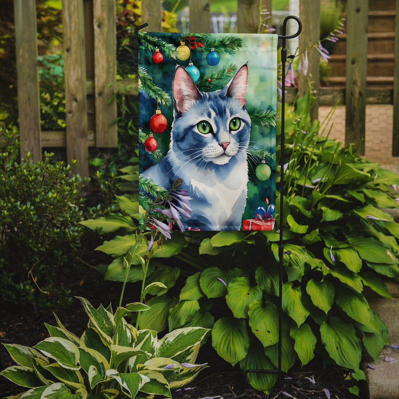 Ojos Azules Cat By the Christmas Tree Garden Flag