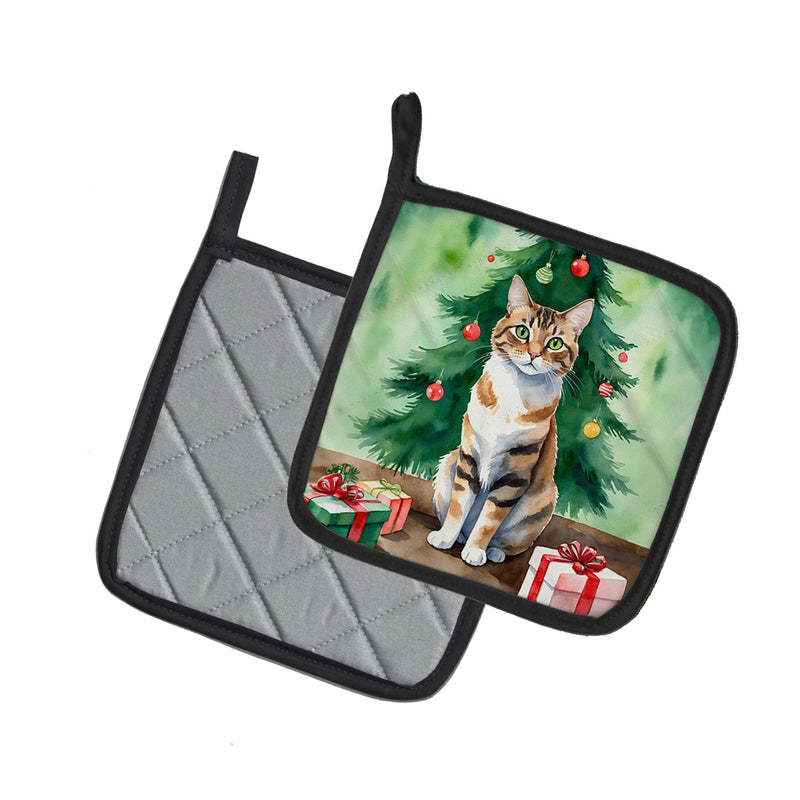 Owyhee Bob Cat By the Christmas Tree Pair of Pot Holders