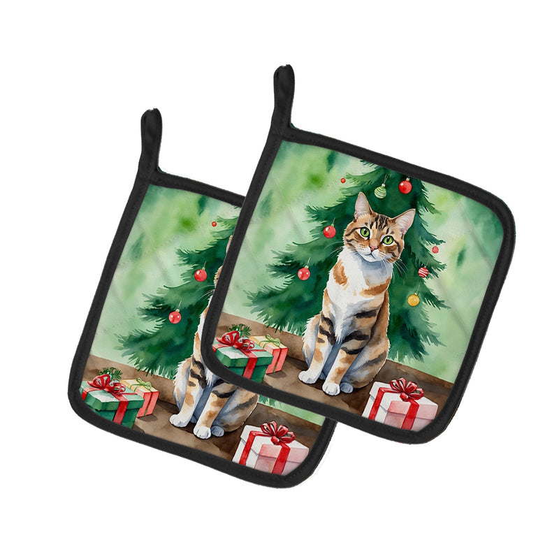 Owyhee Bob Cat By the Christmas Tree Pair of Pot Holders