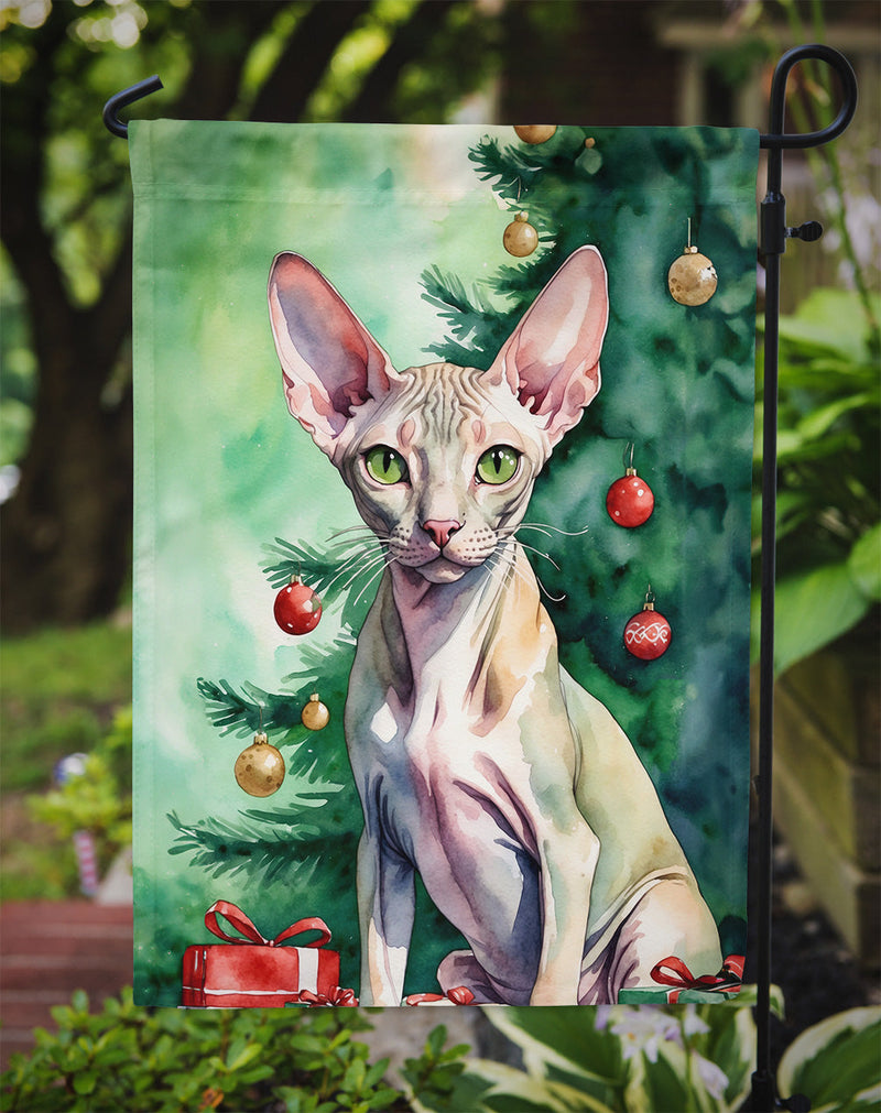 Peterbald Cat By the Christmas Tree Garden Flag