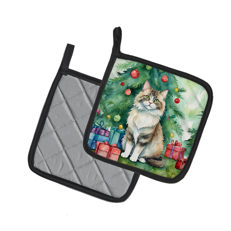 Ragamuffin Cat By the Christmas Tree Pair of Pot Holders