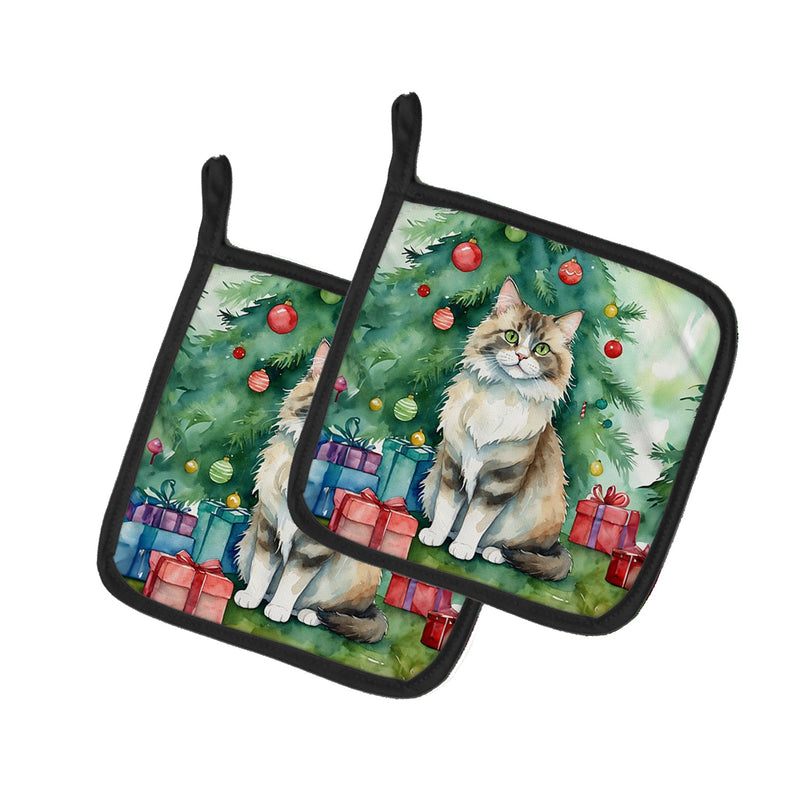 Ragamuffin Cat By the Christmas Tree Pair of Pot Holders