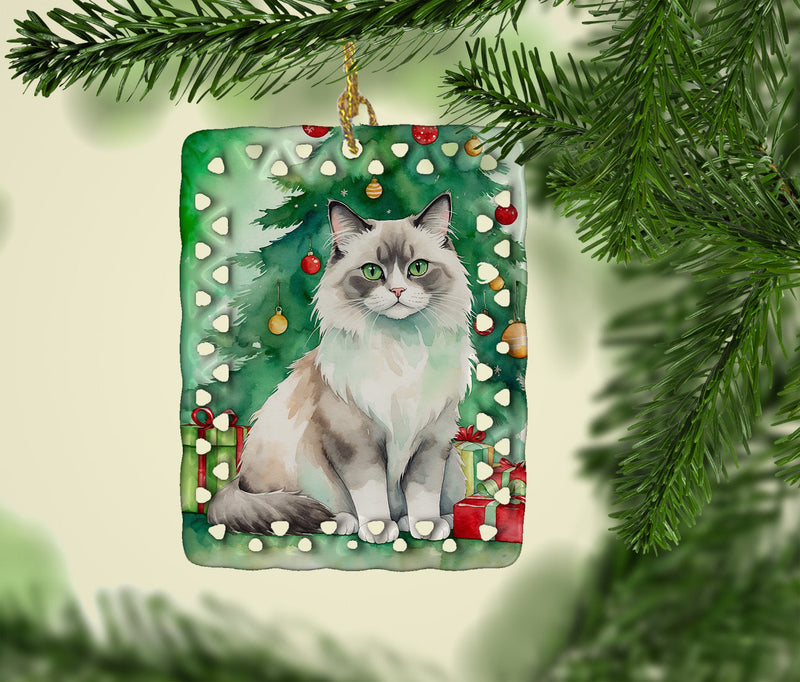 Ragdoll Cat By the Christmas Tree Porcelain Ornament