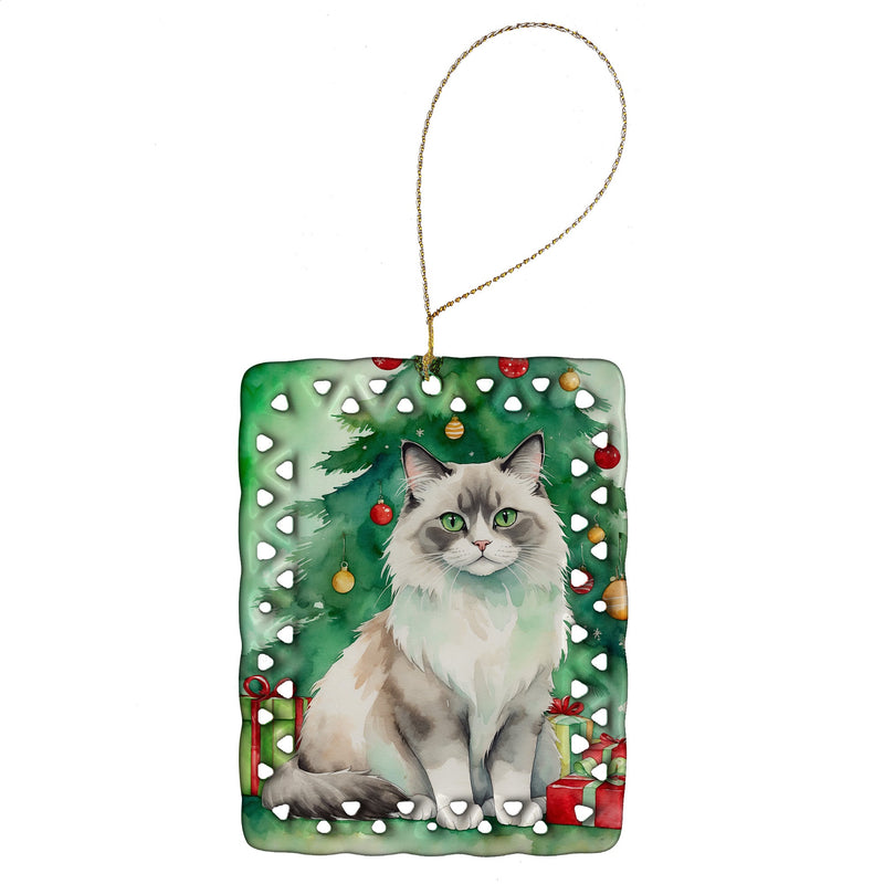 Ragdoll Cat By the Christmas Tree Porcelain Ornament