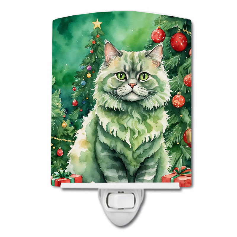 Selkirk Rex Cat By the Christmas Tree Ceramic Night Light