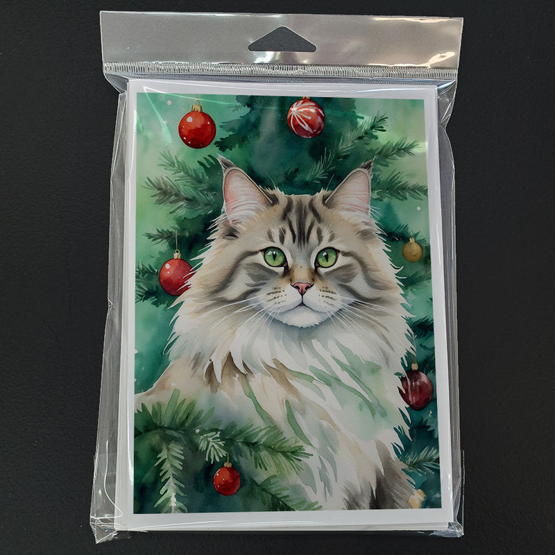 Siberian Cat By the Christmas Tree Greeting Cards Pack of 8