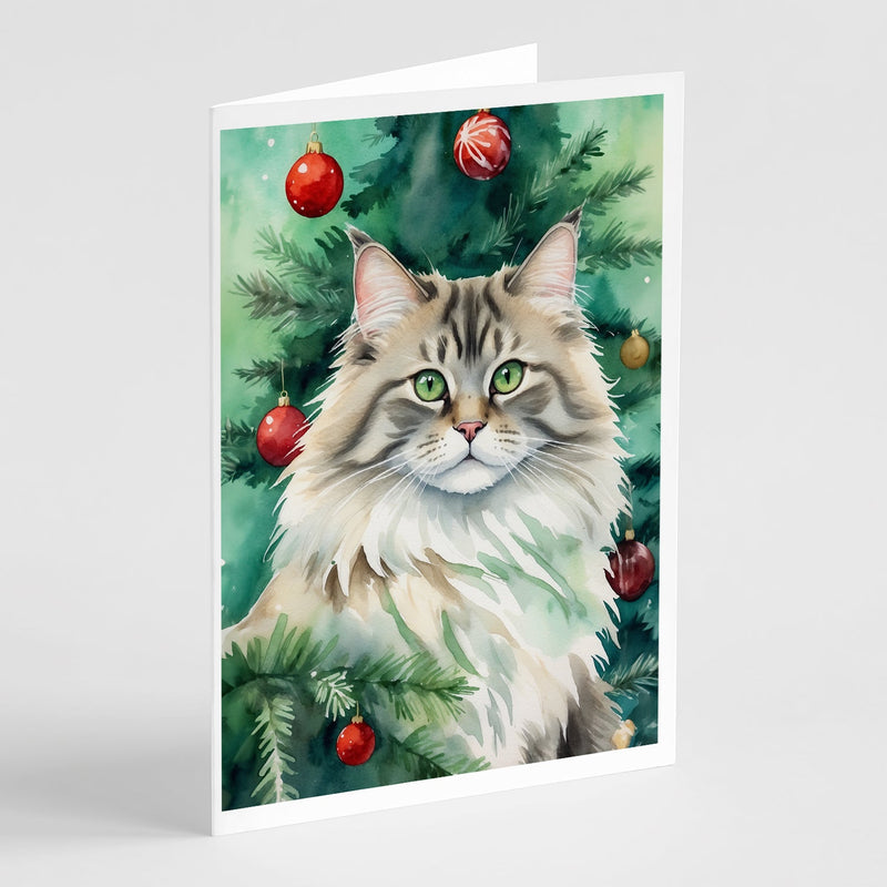 Siberian Cat By the Christmas Tree Greeting Cards Pack of 8