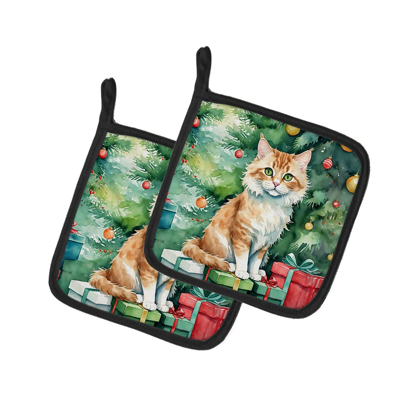 Skookum Cat By the Christmas Tree Pair of Pot Holders