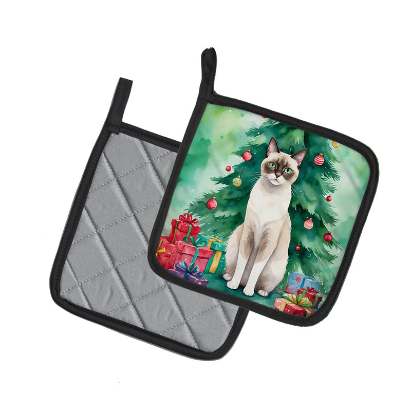 Snowshoe Cat By the Christmas Tree Pair of Pot Holders