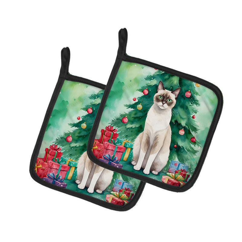 Snowshoe Cat By the Christmas Tree Pair of Pot Holders