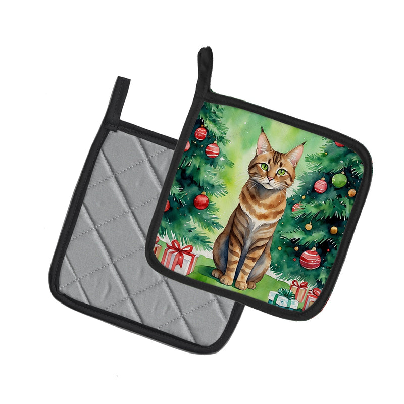 Sokoke Cat By the Christmas Tree Pair of Pot Holders