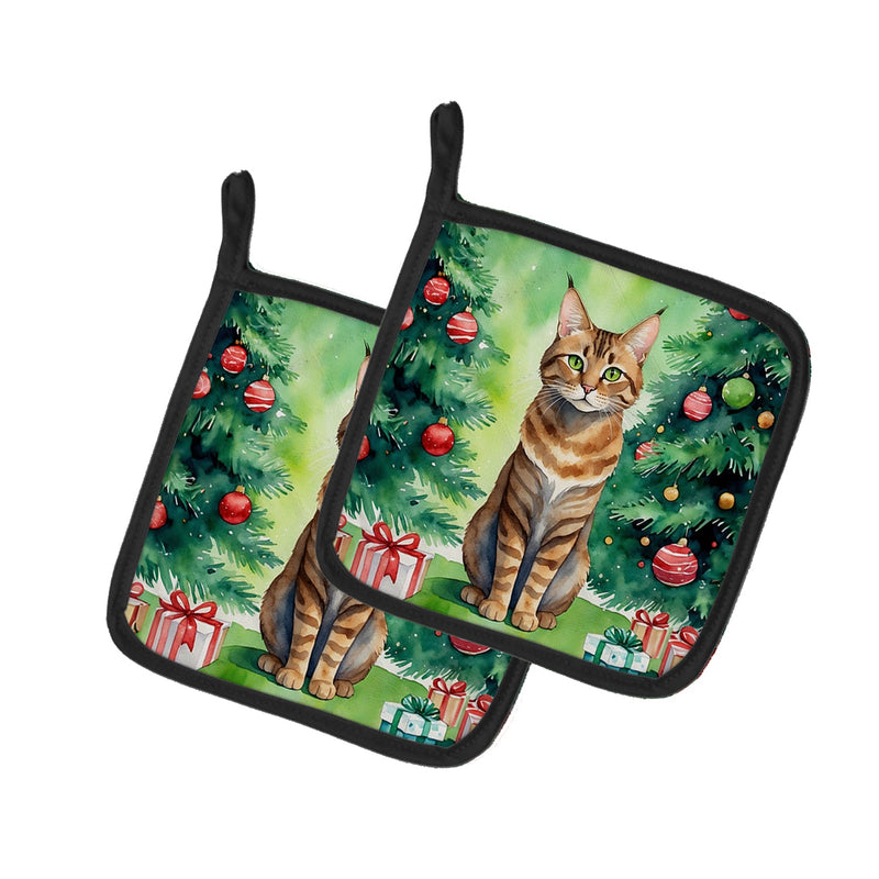 Sokoke Cat By the Christmas Tree Pair of Pot Holders