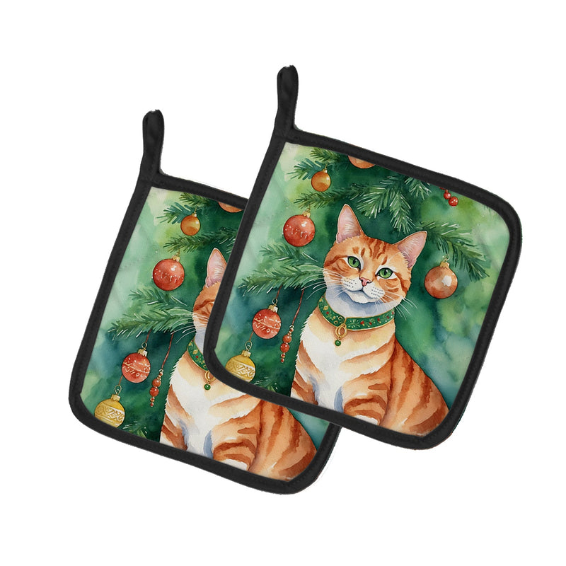 Suphalak Cat By the Christmas Tree Pair of Pot Holders