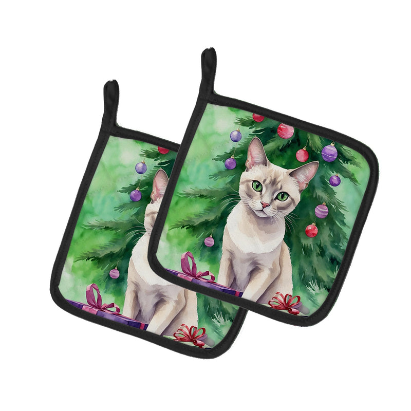 Thai Lilac Cat By the Christmas Tree Pair of Pot Holders