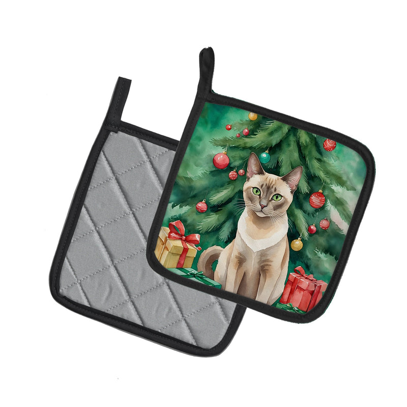 Tonkinese Cat By the Christmas Tree Pair of Pot Holders