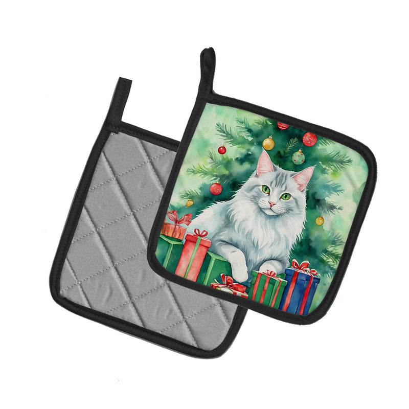 Turkish Angora Cat By the Christmas Tree Pair of Pot Holders