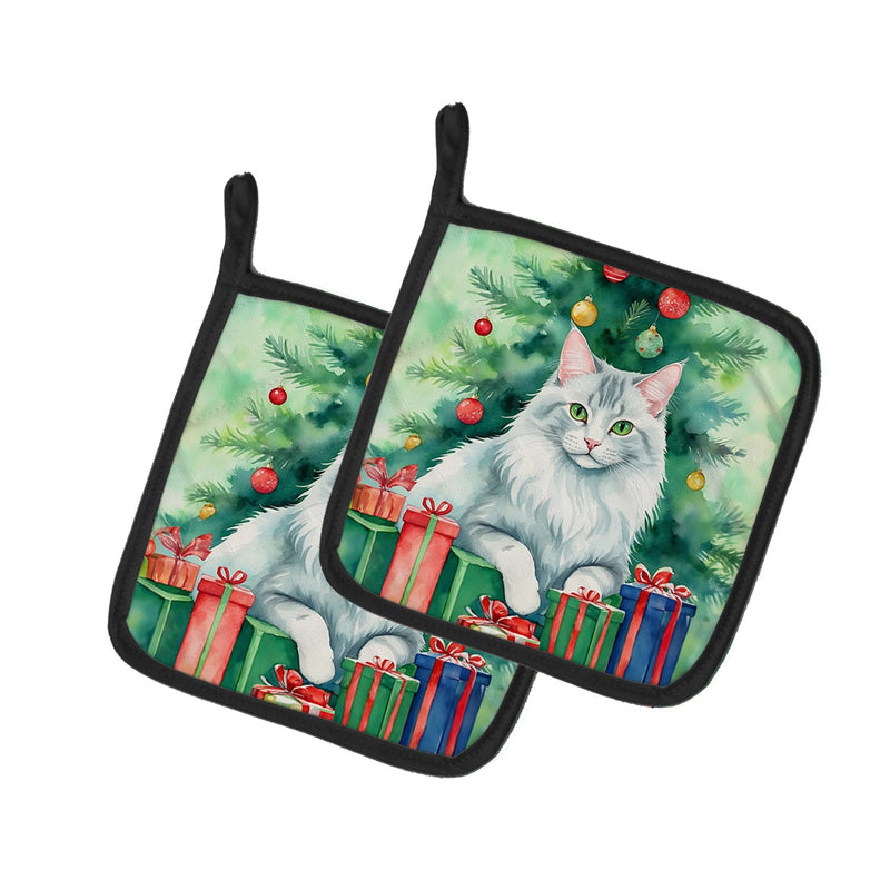 Turkish Angora Cat By the Christmas Tree Pair of Pot Holders