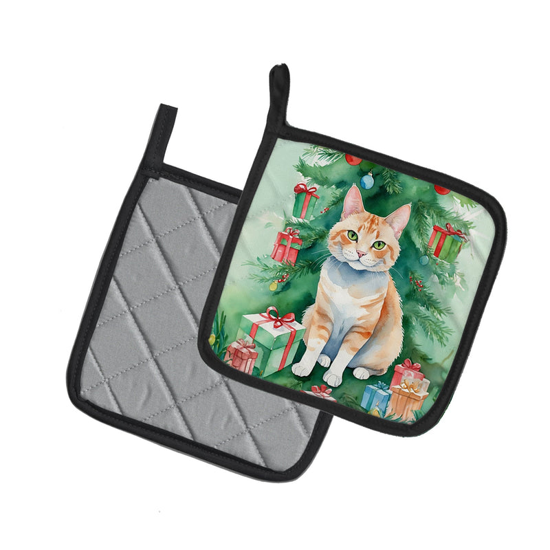 Ural Rex Cat By the Christmas Tree Pair of Pot Holders