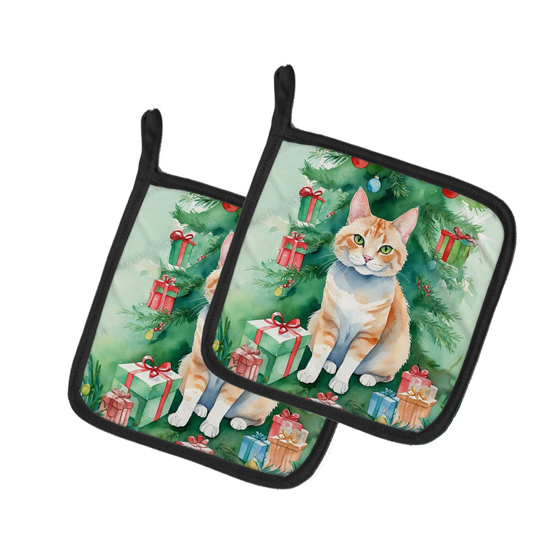 Ural Rex Cat By the Christmas Tree Pair of Pot Holders