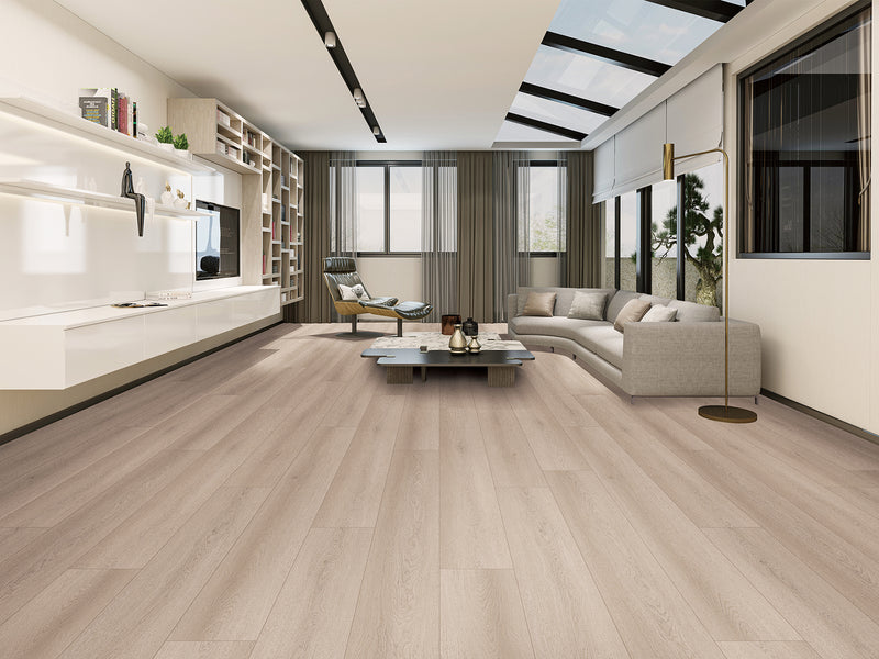 Mansion Sandy Oak EIR 12 mm 9.3"x72" Uniclic HDF AC5 Waterproof Laminate Wood Flooring - Dekorman Collection living room view