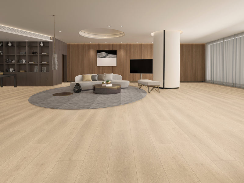 Mansion Ecru Oak EIR 12 mm 9.3"x72" Uniclic HDF AC5 Waterproof Laminate Wood Flooring - Dekorman Collection hall view