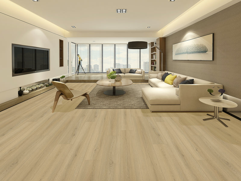 Mansion Aspen Oak EIR 12 mm 9.3"x72" Uniclic HDF AC5 Waterproof Laminate Wood Flooring  - Dekorman Collection living room view