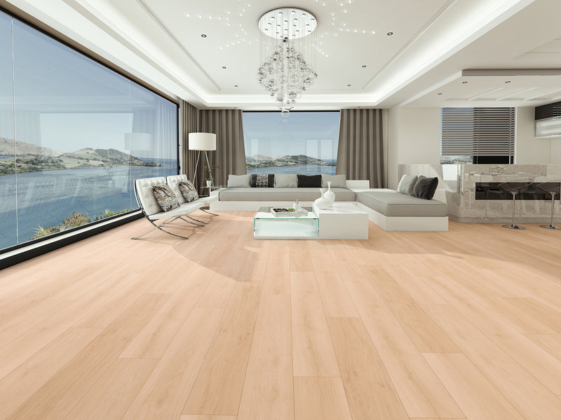 Mansion Wheat Maple EIR 12 mm 9.3"x72" Uniclic HDF AC5 Waterproof Laminate Wood Flooring - Dekorman Collection hall view