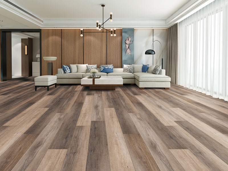 Mansion Blackstone Oak EIR 12 mm 9.3"x72" Uniclic HDF AC5 Waterproof Laminate Wood Flooring - Dekorman Collection living room view