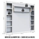 Easy-Lift Queen Murphy Wall Bed in White with Two Bookshelves