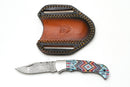 Damascus Steel Clip Point Folding Knife | Southwestern Tribal Resin Handle | Polished Bolsters TK-486