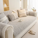 Soft Chenille Sectional Sofa Cover with Pom Pom Trim – Non-Slip Couch Protector