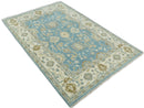 Hand Knotted 6x9  Oushak Light Blue and Beige Wool Area Rug | TRDCP1069