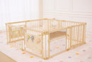 Wooden Baby Playpen with Mirror & Whiteboard Panel – Foldable 63" x 63" Montessori Sensory Play Yard