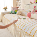 Cute Dotted Stripe Couch Protector, Non-Slip Washable Sofa Cover with Ruffled Skirt