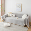 Boho Herringbone Sofa Throw Blanket with Pom Pom Tassels Stylish Furniture Slipcover