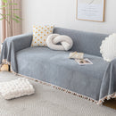 Couch Cover Sectional L Shape Chenille Herringbone Couch Throw Cover with Tassel Pom-Poms for Pets