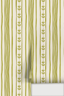 Daisy Chain Stripe Wallpaper, beige and chartreuse green